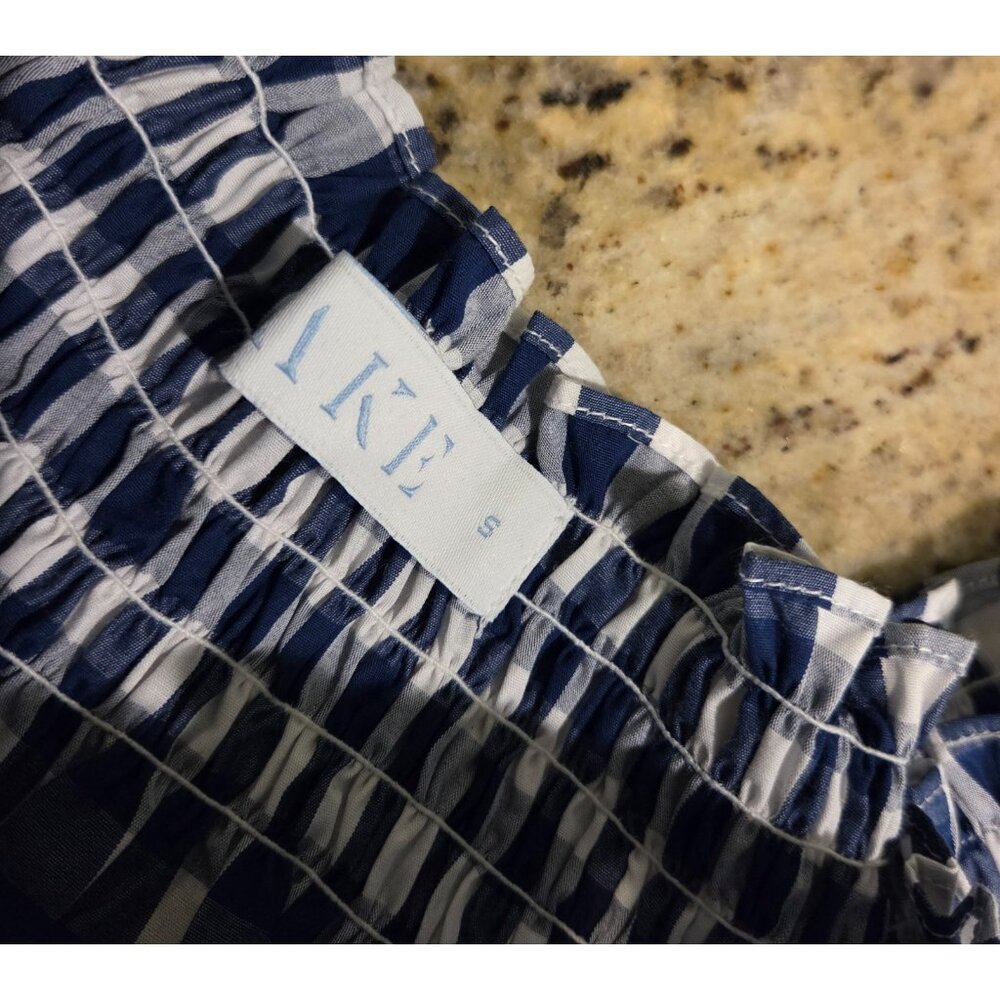 Lake Pajamas Size S Blue Gingham Check Cotton Smocked MIDI Dress Peplum Hem - Picture 9 of 13